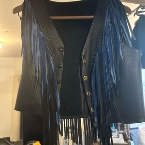 Custom Made Black Leather Vest with Blue Fringe